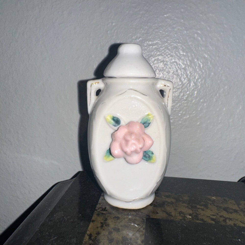 Vintage Made in Japan Miniature Porcelain Lidded Urn Pink Rose Floral 3.5”